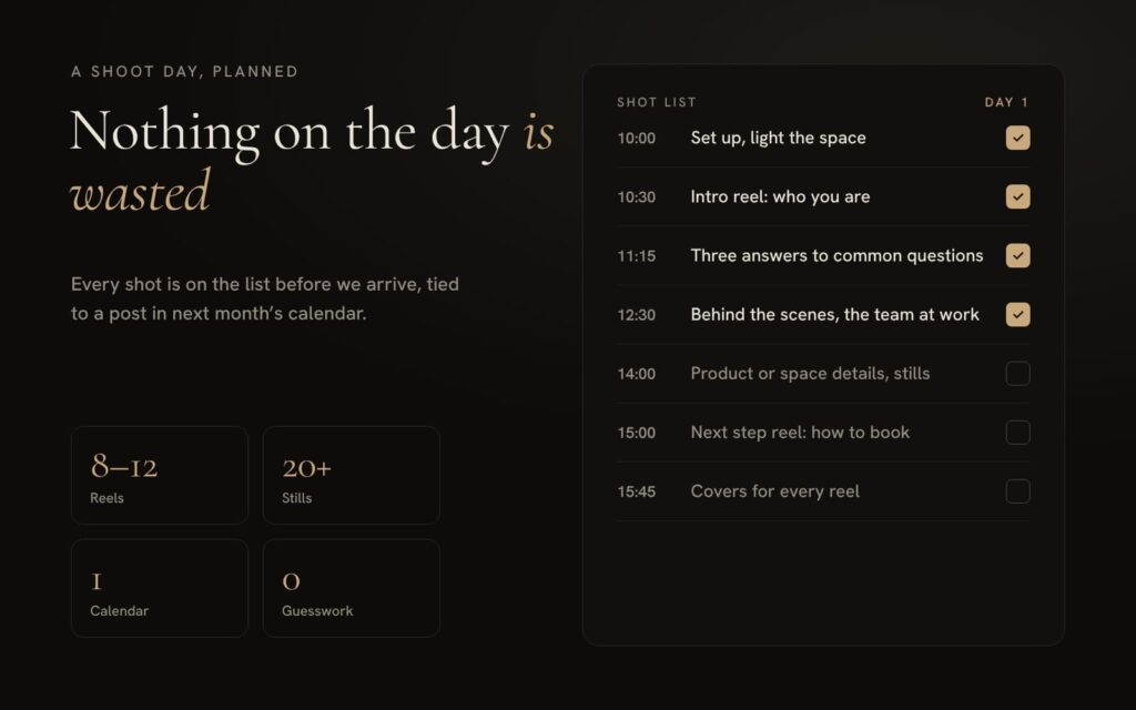 A shot list for a shoot day, from set-up to covers