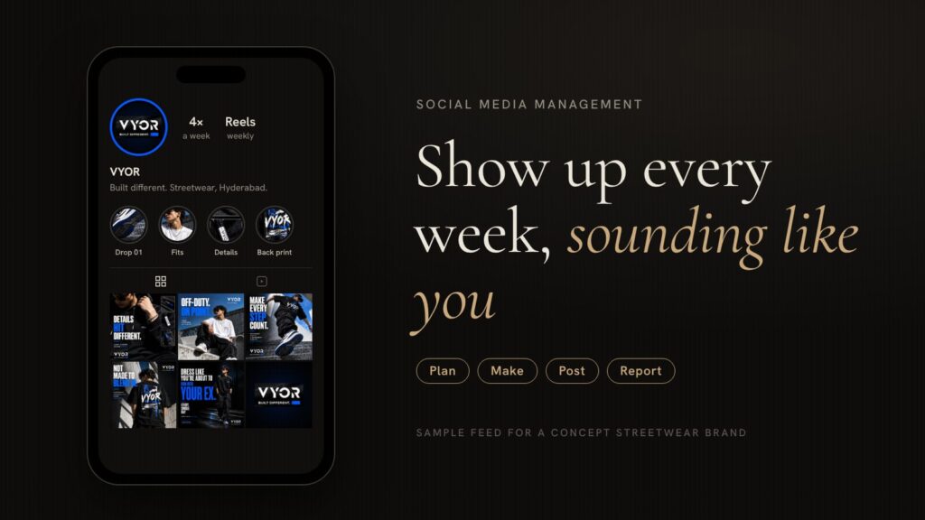 A phone showing an Instagram feed of sample posts for a concept streetwear brand
